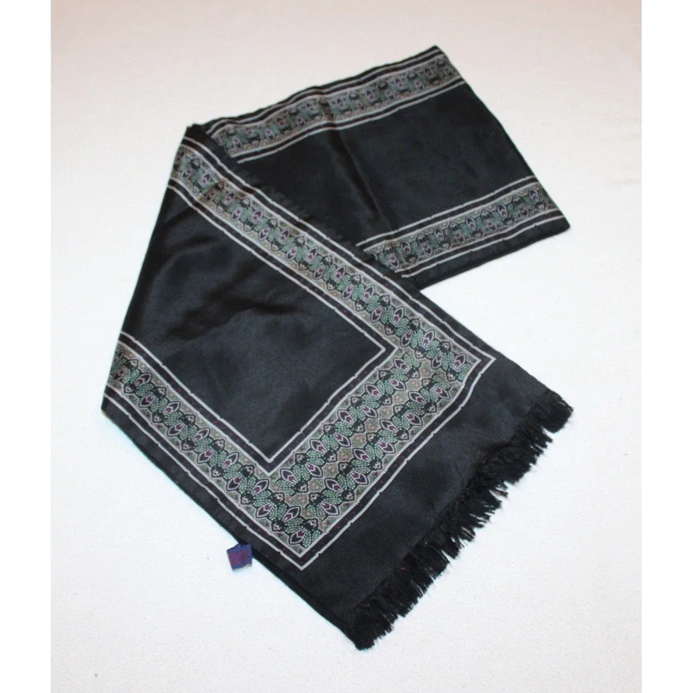 Weavers Workshop black silk scarf with wool lining Japan fringed paisley border